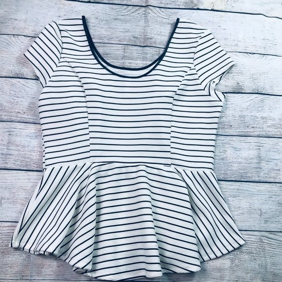 NWOT Xhiliration black white stripe peplum top XL - Picture 2 of 4
